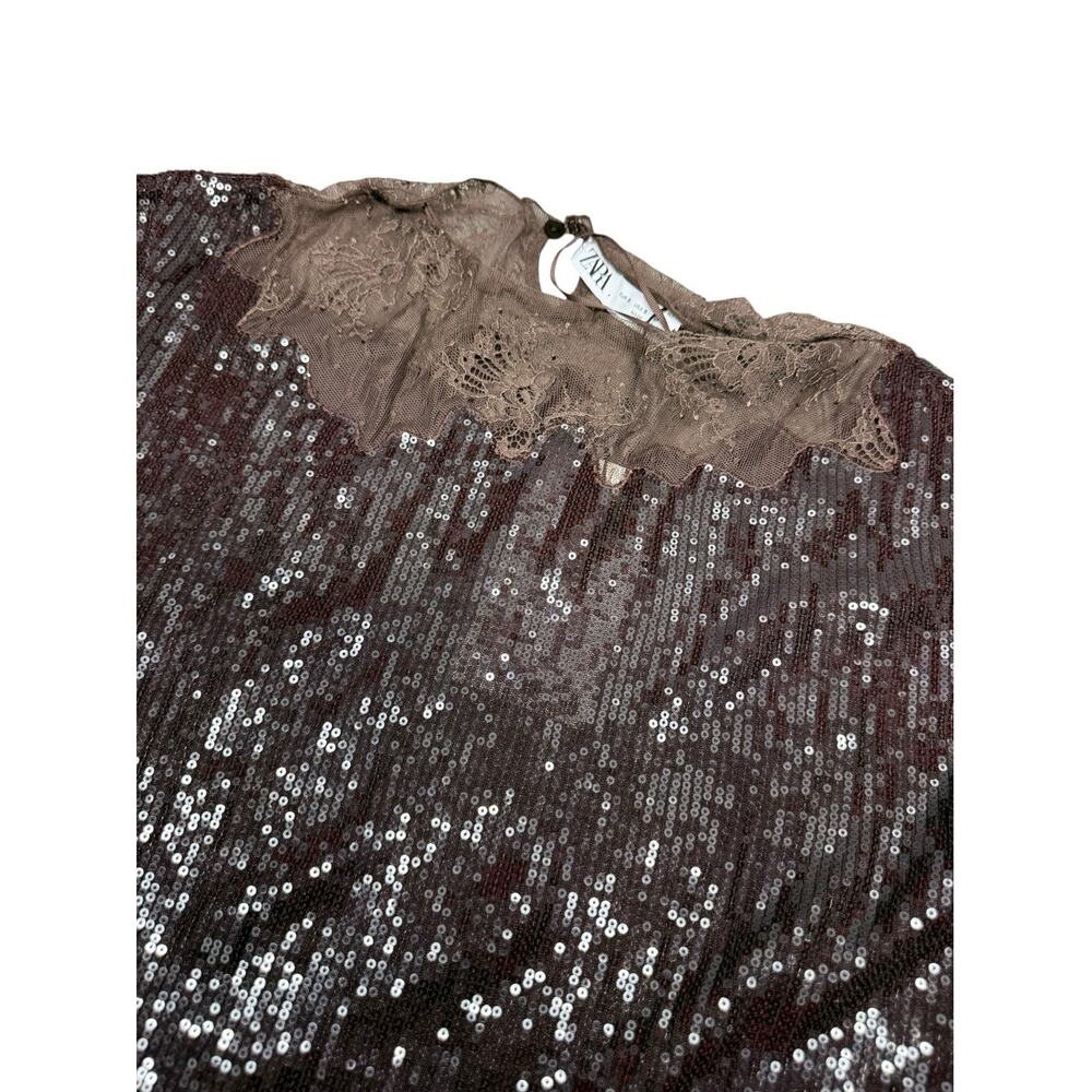 NWT Zara Sequin Lace Boat Neck Top Brown Shimmer Long Sleeve Blouse S - Picture 8 of 11